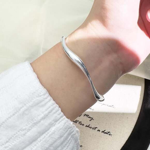 Sterling Silver Wavy Cuff Bracelet Adjustable Thin Bangle for Women - Picture 4 of 6